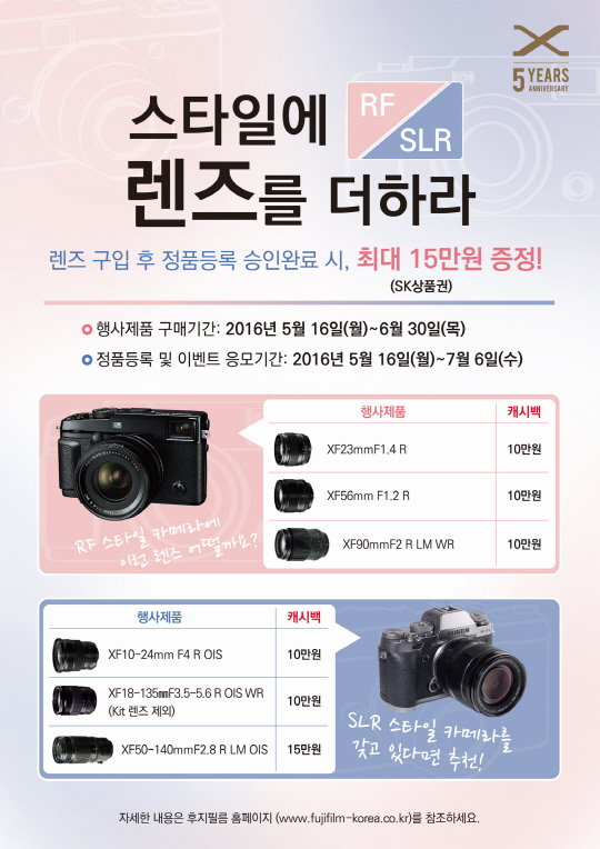 후지필름 일렉트로닉 이미징 코리아는 X시리즈 5주년과 후지필름 스튜디오 개관을 기념해 후지논 XF렌즈를 구매하면 최대 15만원을 돌려주는 'RF·SLR 스타일에 렌즈를 더하라' 캐시백 행사를 진행한다고 16일 밝혔다. <후지필름 일렉트로닉 이미징코리아 제공>